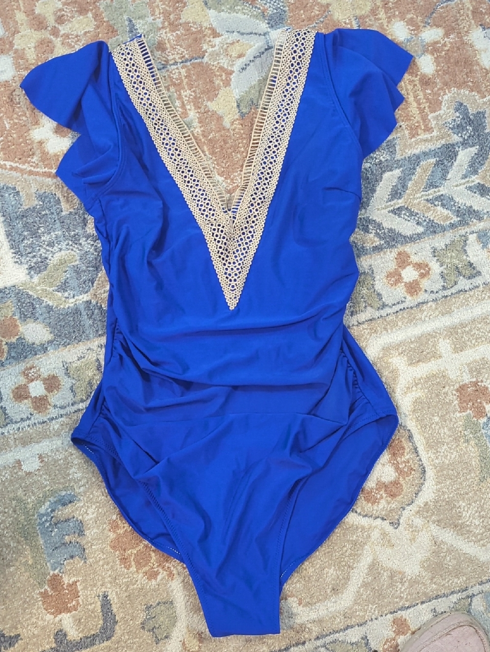 Women's Blue One-Piece Swimsuit with Lace V-Detail